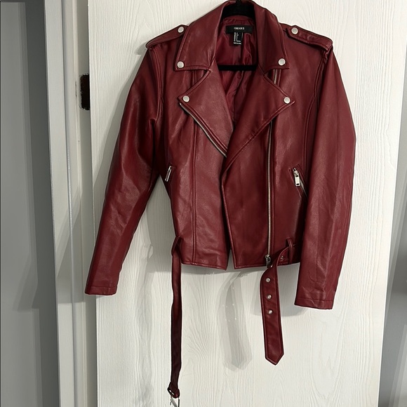 Forever 21 Jackets & Blazers - Red Leather Moto Jacket with Asymmetrical Zipper and Belted Waist